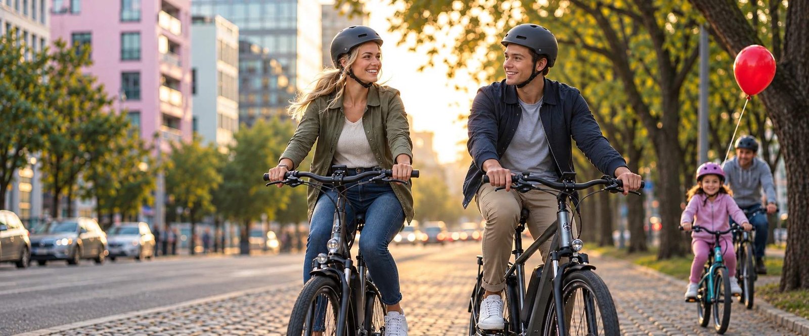 A smiling couple in helmets ride electric city bikes side by side along a tree-lined street while a child and an adult follow on bicycles behind them (AI-generated image)
